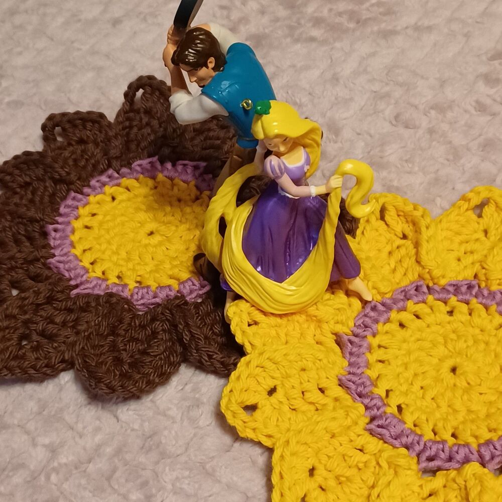 Hand Crafted Crochet Brown & Gold Flower Coasters, Set of 2 - Picture 4 of 6